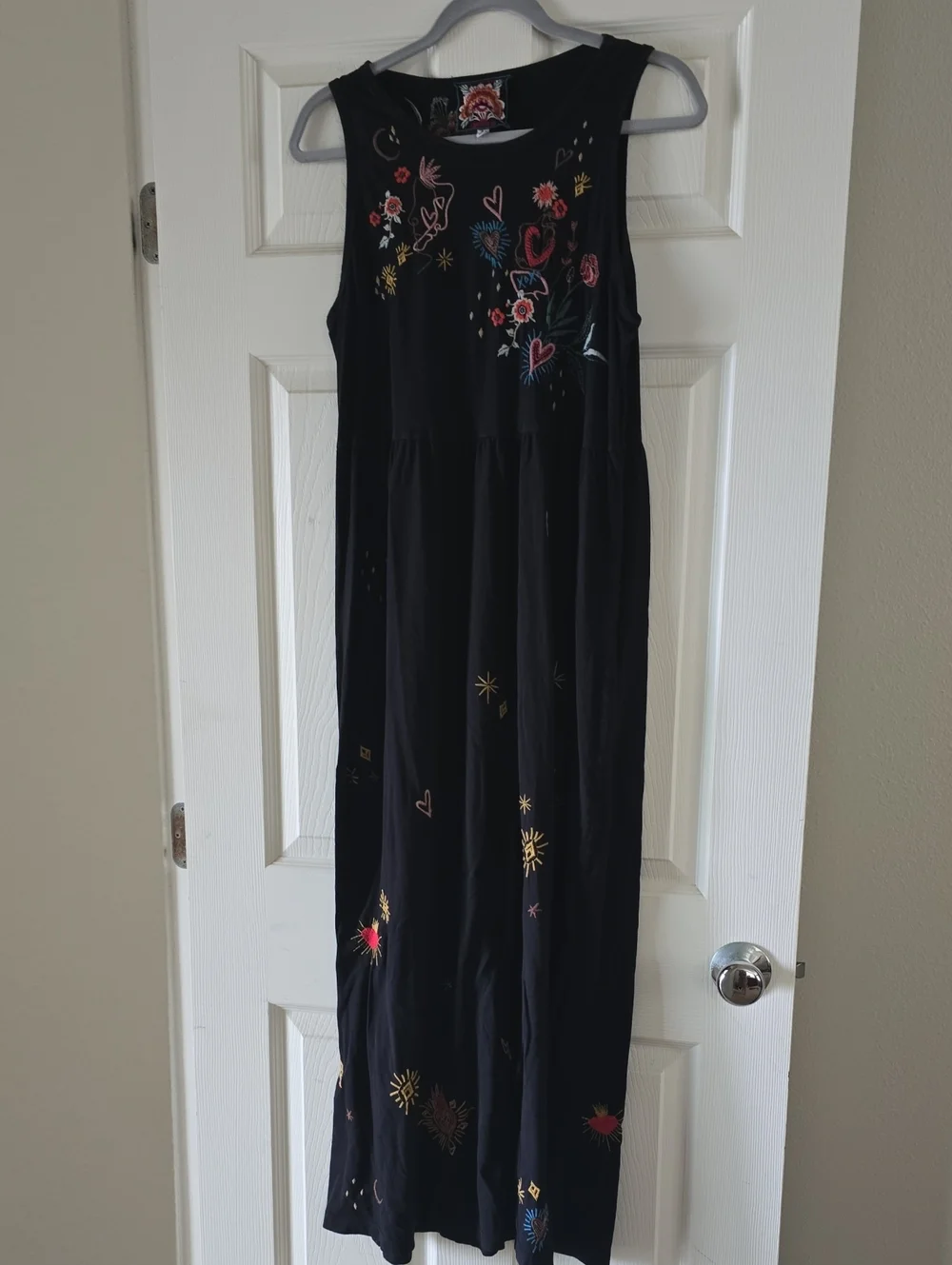 Johnny Was Black Maxi Dress with Multicolor Embroidery